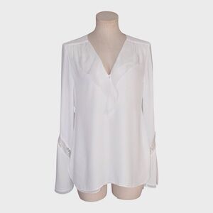 WHBM White Lace Trim Bell Sleeve V-Neck Blouse